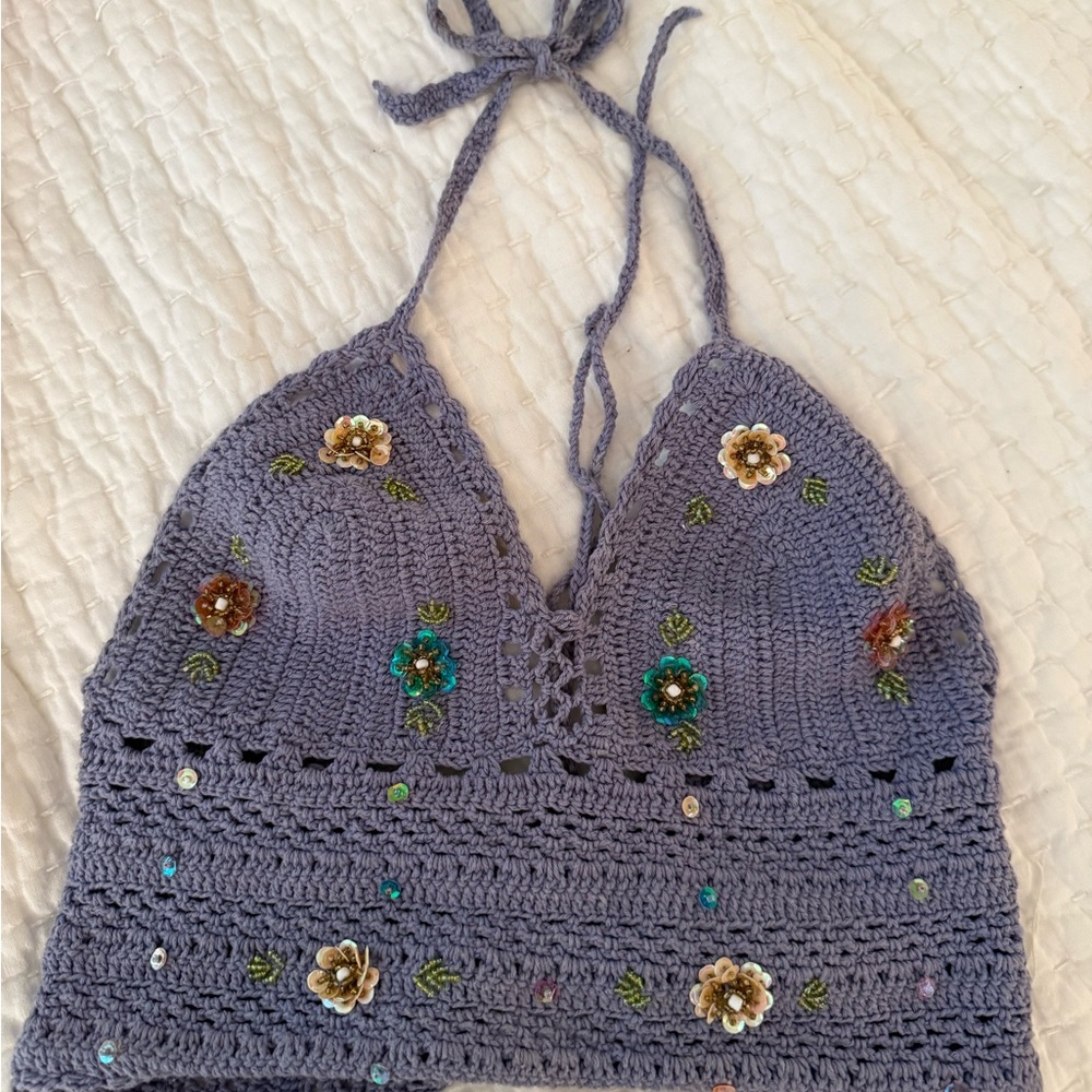 Handmade Crochet Halter Top - Purple Floral